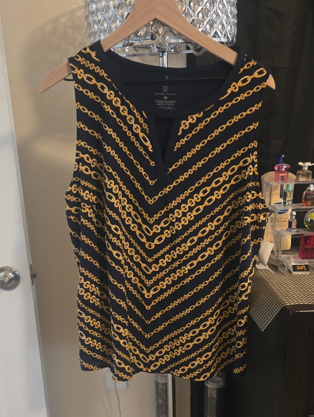 New York & Company Navy and Gold Chain-Print Sleeveless Blouse